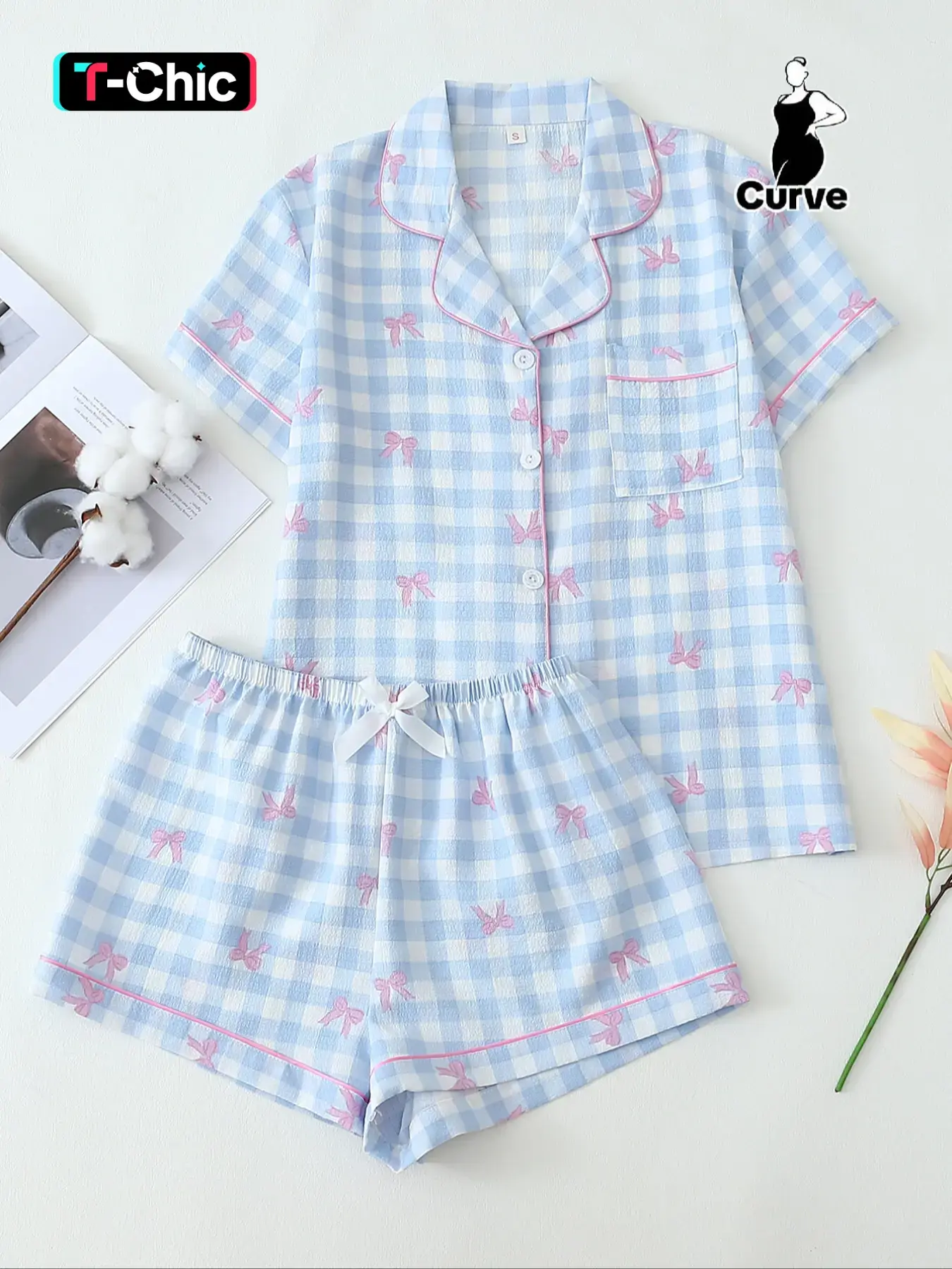 Women's Plus Size Plaid Bow Print Cute Summer Pajama Set, Nightwear, Casual Fitted Short Sleeve Top and Shorts, Home Wear, Loungewear, Comfortable Woven Fabric, Plaid Pajama Sets