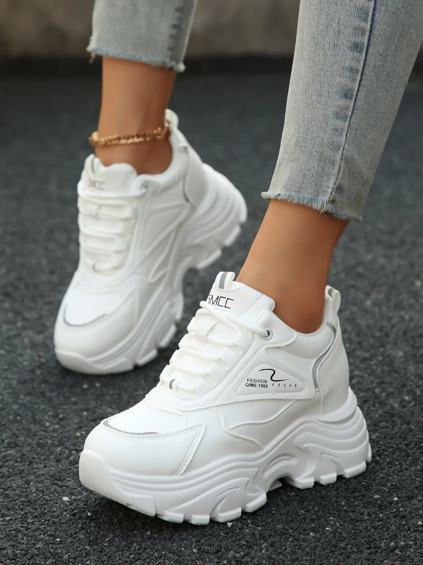 Women's Wedge Heel Casual Walking Shoes, Height Increasing Low-Top Sneakers, Thick Soled Chunky Sneakers, Versatile Dad Shoes, Fashionable Sneakers for All Seasons, Pu Leather Sneakers