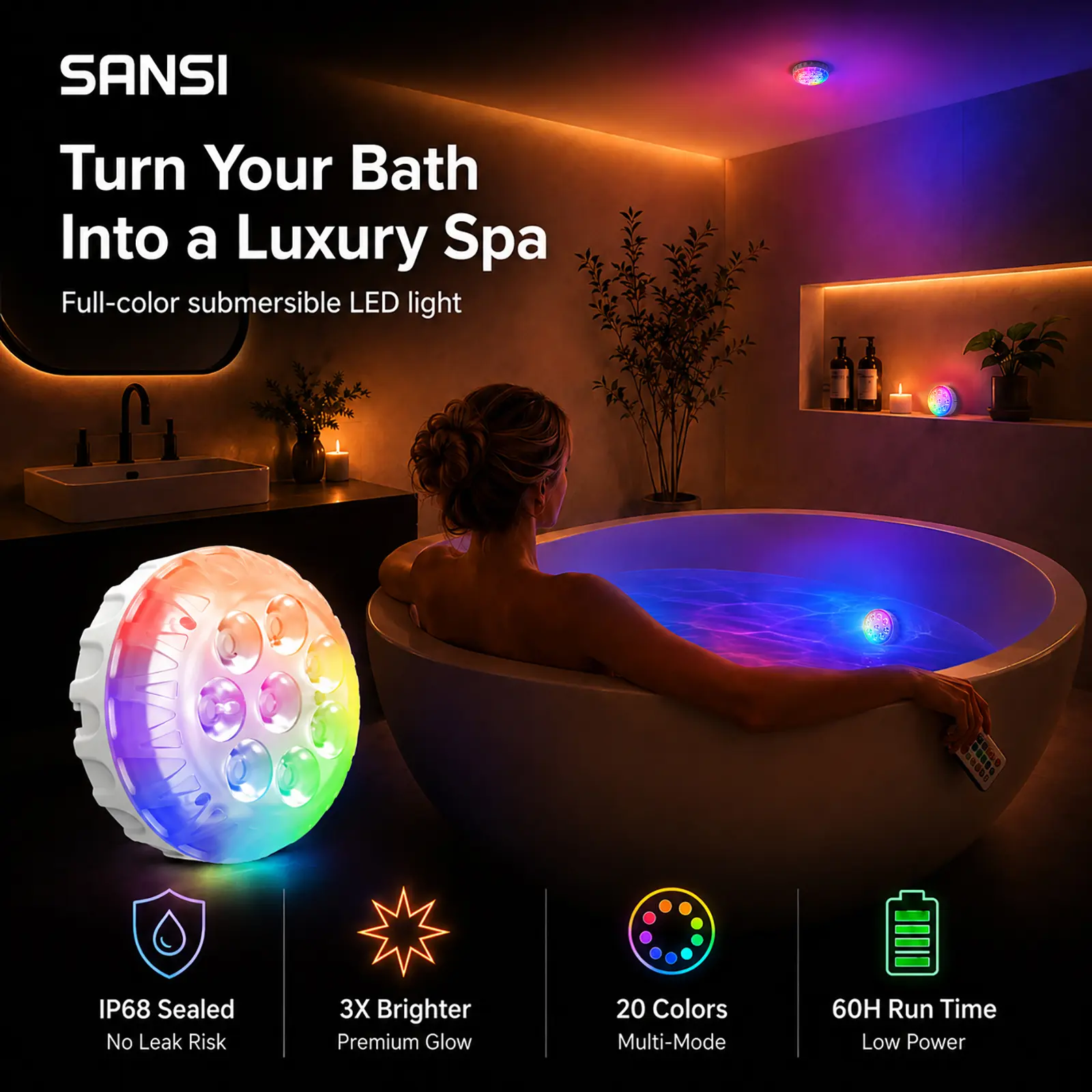 SANSI RGB Shower Light, IP68 Waterproof Bathroom Light with Strong Magnetic Mount, RF Remote & Timer, Battery Operated LED Shower Lamp with Flash/Fade/Smooth Modes, Cordless Light for Shower, Tub & Bathroom，Pond