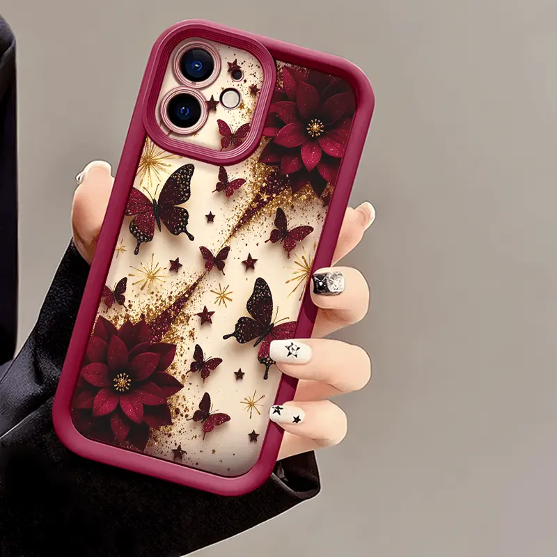 Butterfly-Star Pattern Flexible Fit TPU Smartphone Protector, Elegant Wine Red Luxury Mobile Phone Accessory for iPhone 17-17 Pro-17 Pro Max-17 Air, Reliable Protection Case