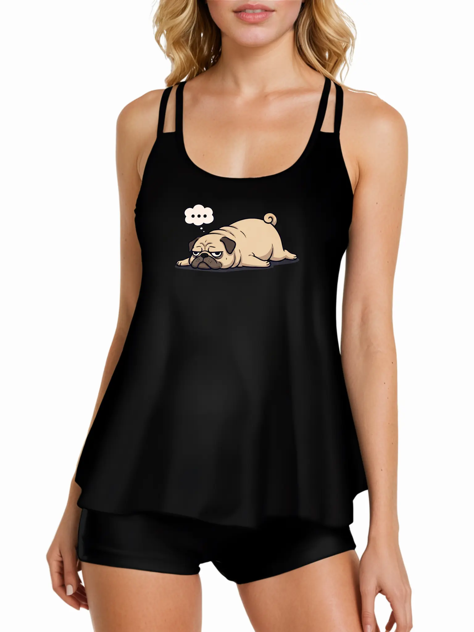 Women's Double Strap Bikini Set Funny Grumpy Pug Dog Print Two Piece Swimsuit Cute Vintage 90s Aesthetic Tank Top & Shorts Loungewear