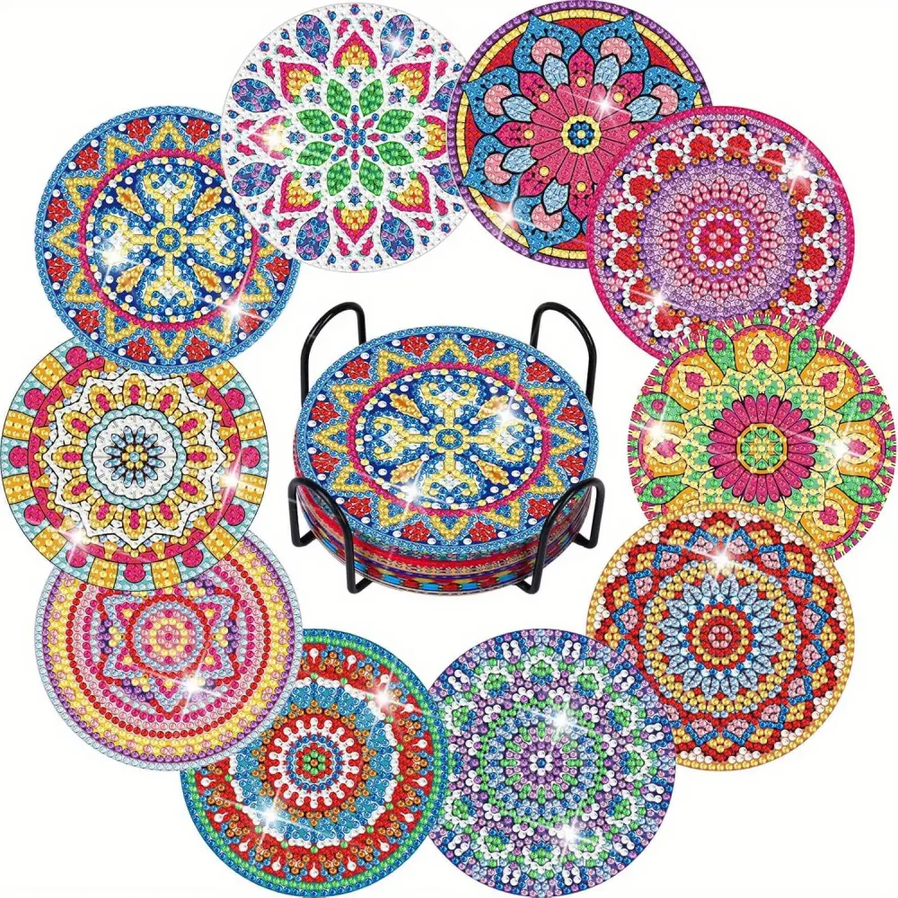 Diamond Painting Coaster Kit, 10 Pcs Boho Mandala DIY Craft Set with Holder and Tools, Round 3.9in Art for Room Decor, Birthday Gift, 10 Pcs Set With Tools, Diy Craft Kit, Wood, Acrylic Wood, 3.9 In, Tableware, Diamond Painting Coasters, Crafting