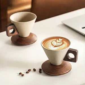 Elegant Square Ceramic Mug - Wabisabi Wooden Handle 8.45oz for Home Office Café Elegant Square Ceramic Mug - Wabisabi Wooden Handle 8.45oz for Home Office Café