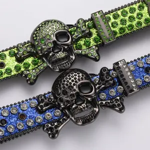 Men's Punk Rhinestone Belt - Gothic Skull Head Western Design with Shiny Rivets & Artificial Diamonds, Y2K Hip Hop Denim Accessory, Trending Streetwear Fashion