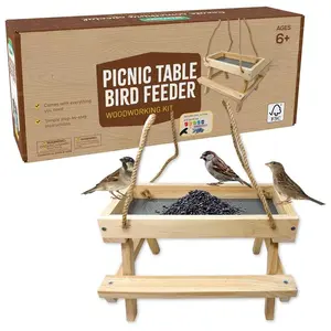 SparkJump Picnic Table Bird Feeder Woodworking Kit - Eco-Friendly New Zealand Pine, Pre-Cut Wood Pieces, Metal Mesh, Kid-Friendly Tools, 6-Color Paint Set, Step-by-Step Instructions