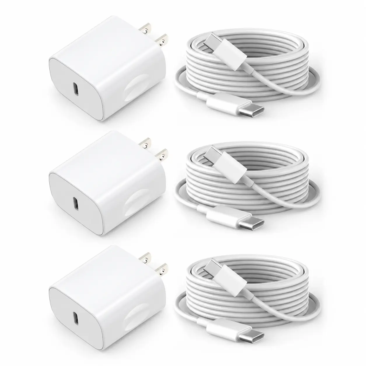 GSASUPJ 10Ft 20W PD 3.0 Boost Fast Charging USB-C Charger Block with 3-Pack 10Ft Type-C Cables, Compatible with iPhone 17/16 Series/15 Pro Max, Samsung Smartphones (White), Smartphone