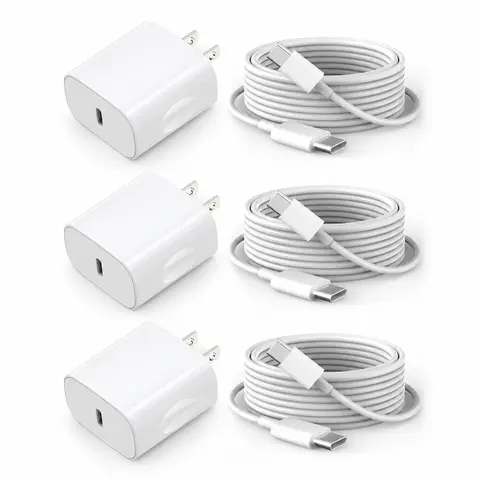 GSASUPJ 20W PD 3.0 Boost Fast Charging USB-C Portable Charger Block with 3-Pack 10ft Reversible USB-C Cables, Phone Charger for iPhone 17/16 Series/15 Pro Max & Cellphones，Techvibes (White)
