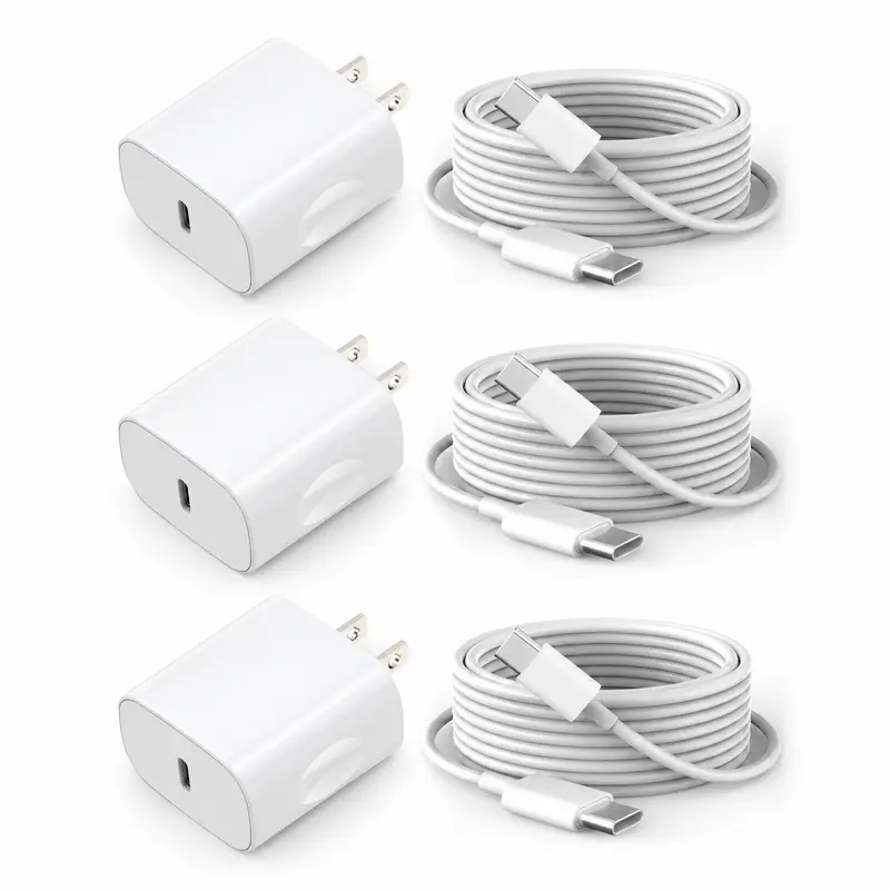 GSASUPJ 20W PD 3.0 Boost Fast Charging USB-C Portable Charger Block with 3-Pack 10ft Reversible USB-C Cables, Phone Charger for iPhone 17/16 Series/15 Pro Max & Cellphones,Techvibes (White)