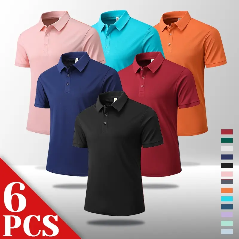 Clean Gent 6-pack men’s polo shirt set, buttoned turn-down collar uniform top, moisture-wicking quick-dry short-sleeve shirts—suitable for casual wear, business, everyday occasions; a classic, versatile piece.