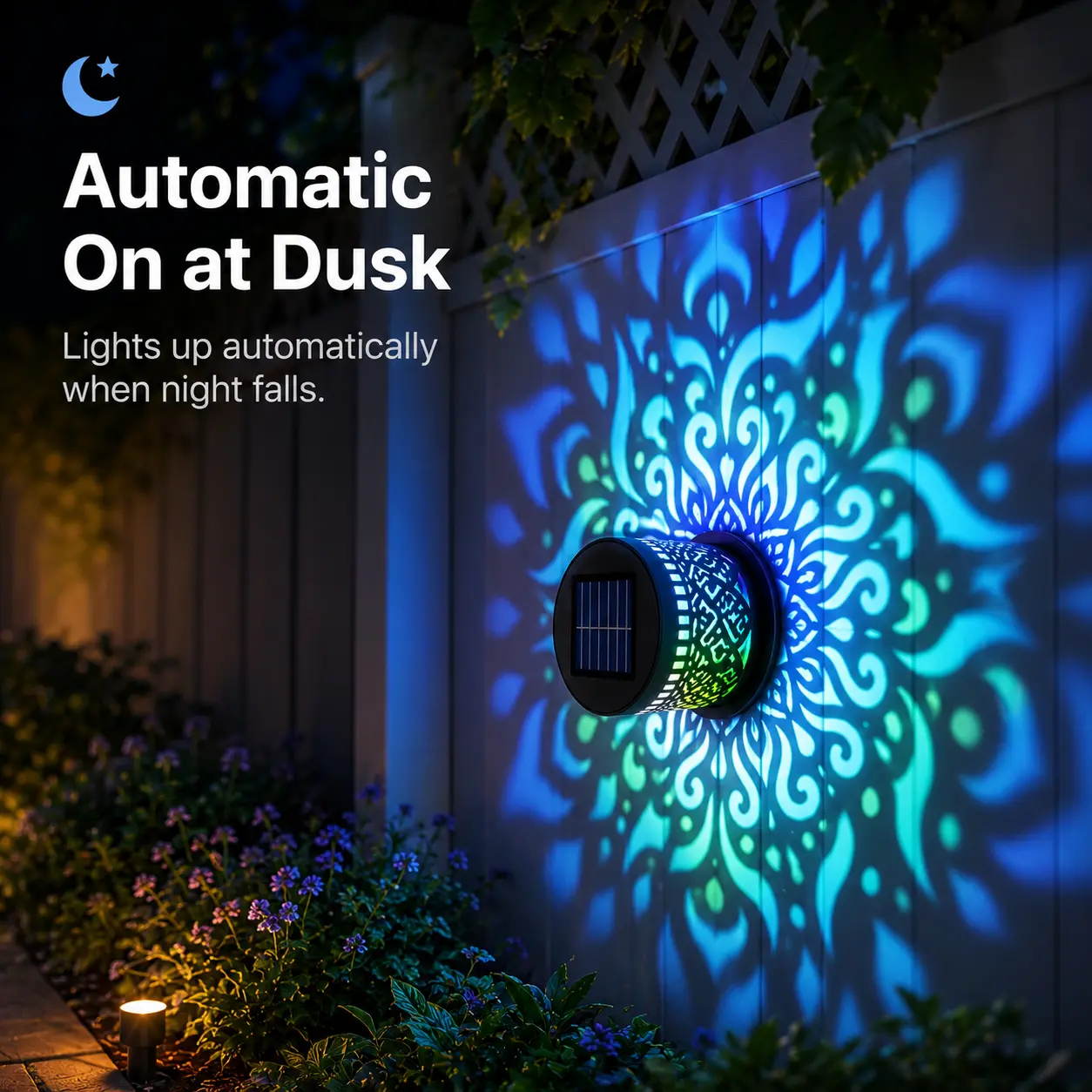 Outdoor Solar Mandala Shadow Projection Wall Lamp, Multi RGB Color Changing Solar Powered Decor Light, Compact Metal Cutout Pattern Solar Wall Sconce for Backyard Porch Holiday Decor