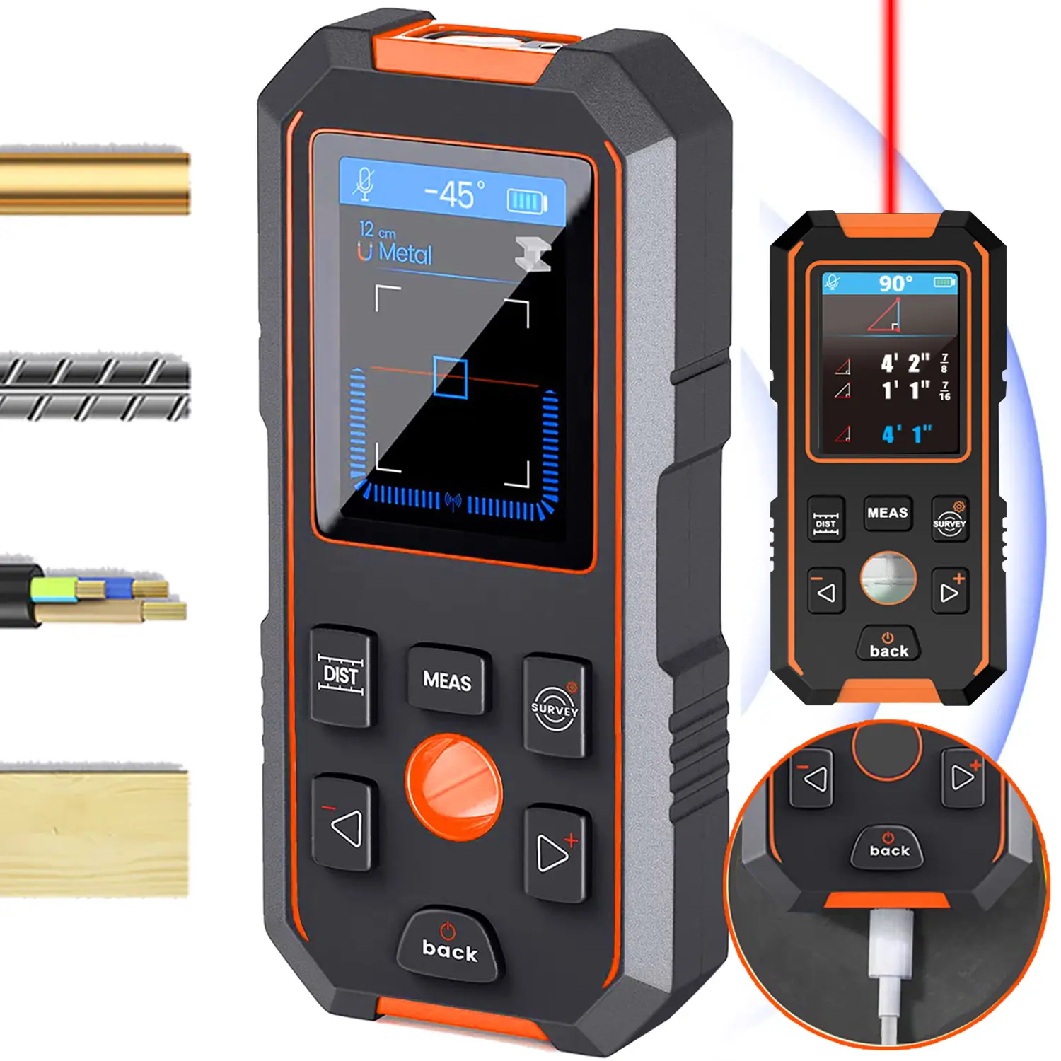 5-in-1 Multi-Function Wall Scanner Detector with Laser Distance Measuring Stud Finder Sensor for Wood Metal AC Wires and Pipes Voice Alert HD LCD Display Rechargeable Battery, Tool, Distance Meters Beam Laser