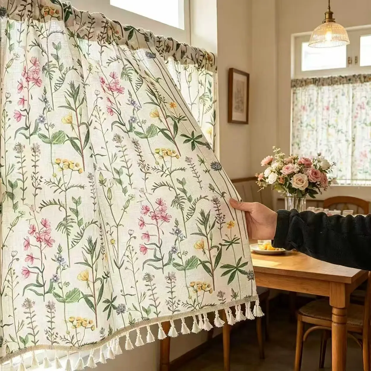 1panel Rustic Plant Print Semi-Transparent Mini Window Curtains, Rod Pocket Hanging, Ideal for Farmhouse, Cabin, Bedroom, Kitchen, Living Room Decor
