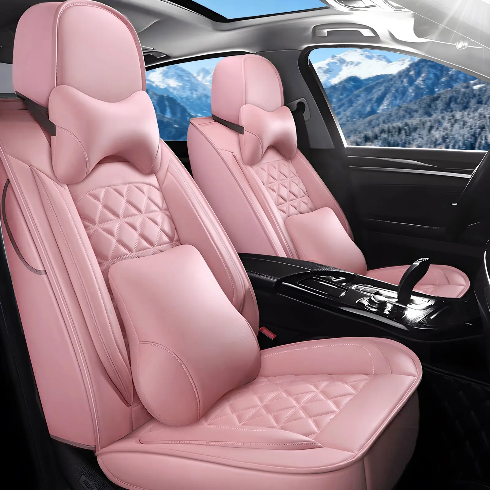 OTOEZ Waterproof Luxury PU Leather 5-Seat Pack Car Protectors, Pink Diamond Pattern Airbag-Safe Set with 2 Headrests, Backseat/Rear Seat Covers, Car Interior Accessories