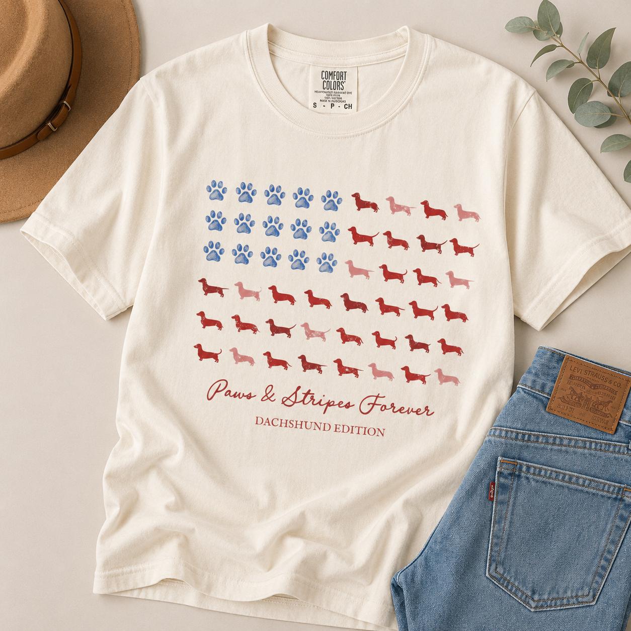 Paws and Stripes Comfort Colors Shirt Dachshund American Flag Shirt Patriotic Wiener Dog Tee 4th of July Dog Lover Tee Vintage Weiner Dog – PrintFamily