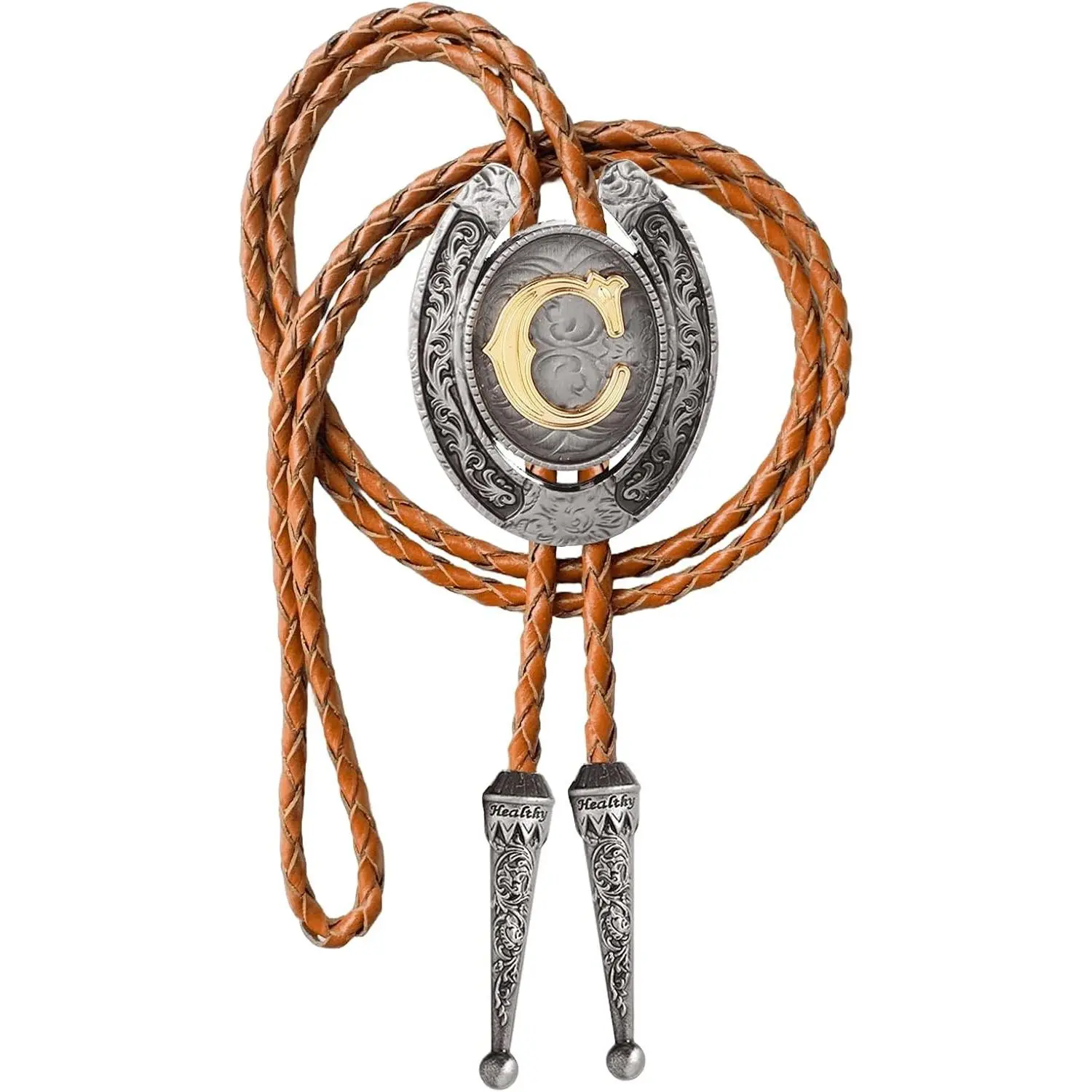 Vintage Western Cowboy Monogram Initial Letter Bolo Tie for Men | Premium brown braided leather, adjustable sliding clasp, anti-tarnish alloy pendant, versatile A-Z western bolo tie