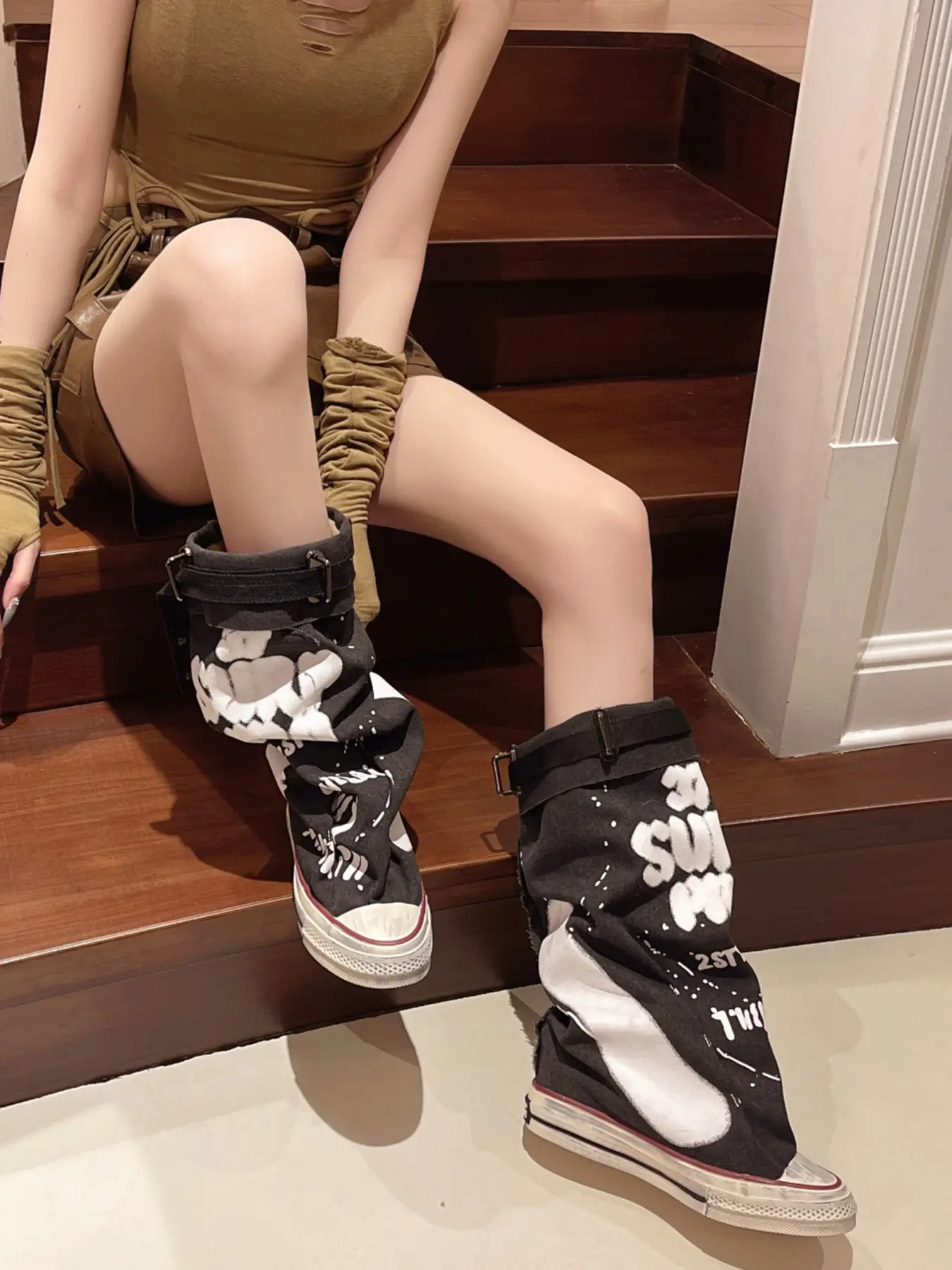 Women's Graffiti High-Top Canvas Rubber Sole Sneakers, Spring & Fall Wide Calf Mid-Calf Slouchy Boots, Fashionable New Casual Style Tube Ankle Boots