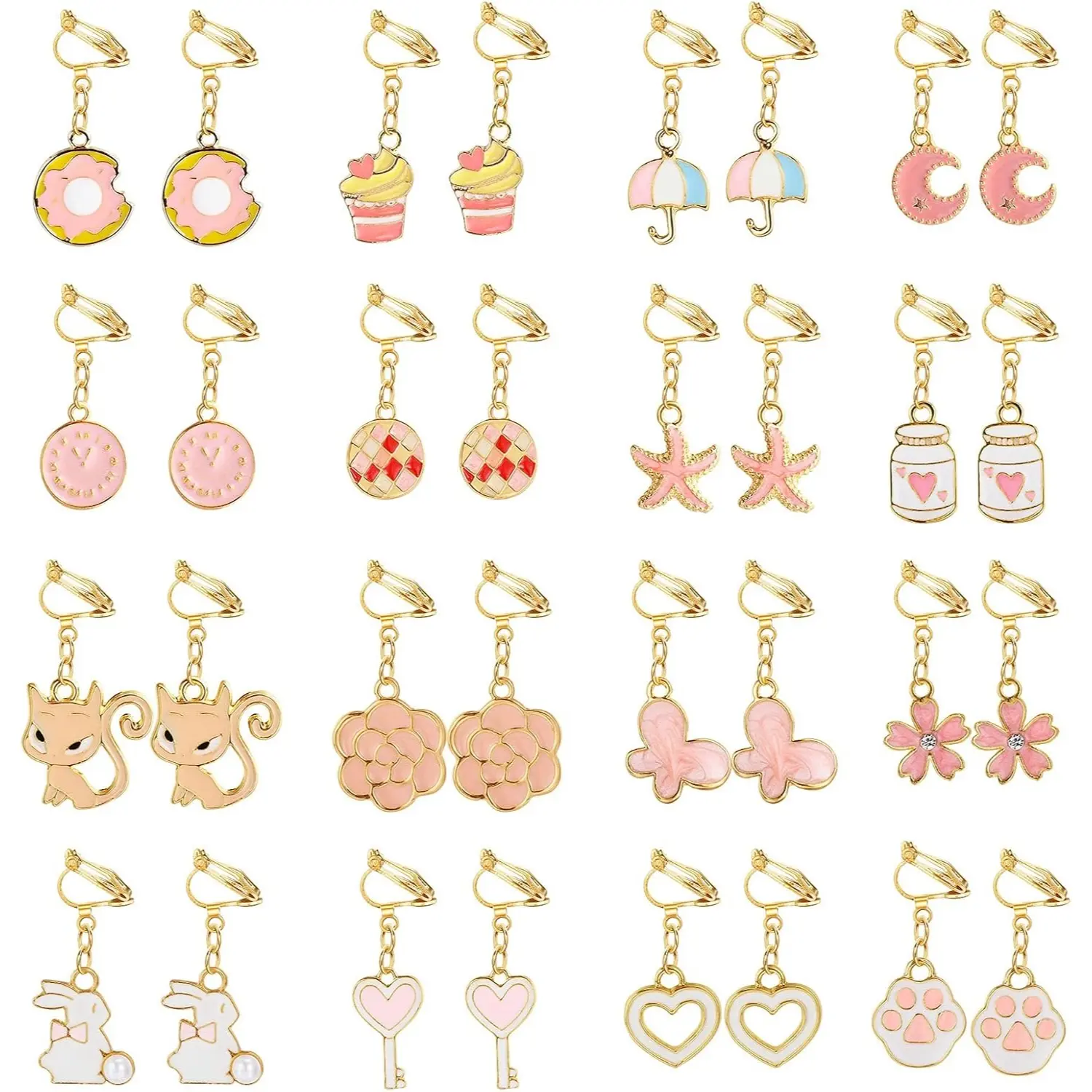 16 Pairs Clip-On Earrings Set for Girls, Cute Hypoallergenic Dangling Drop Ear Clips with Flower & Heart Charms, Princess Play Jewelry, Dangling Earrings, Hypoallergenic Earrings Set