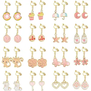16 Pairs Cute Clip-On Earrings Set • No-Piercing Pink Dangle Drop Earrings • Flower Heart Princess Play Jewelry for Women & Girls
