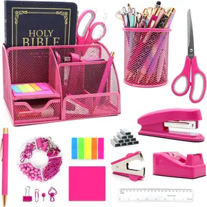 12 in 1 Hot Pink Desk Organizers and Accessories Set, Hot Pink Gifts for Coworkers Women, Hot Pink Office Supplies Hot Pink Stapler Pen Holder Tape Holder Staples  Ruler Staple Remover