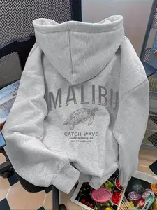 Women's Casual Graphic Hoodie with Pockets, Comfortable Polyester Knit Pullover, Loose Fit Turtle Print Sweatshirt for Fall & Winter