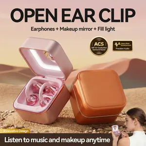 Claison ear clip headphones with makeup mirror, light, and headphones in one - 160 hours of noise reduction, wireless ear clips, Bluetooth 6.0, water and sweat resistant, suitable for travel, exercise and as a female electronic gift.