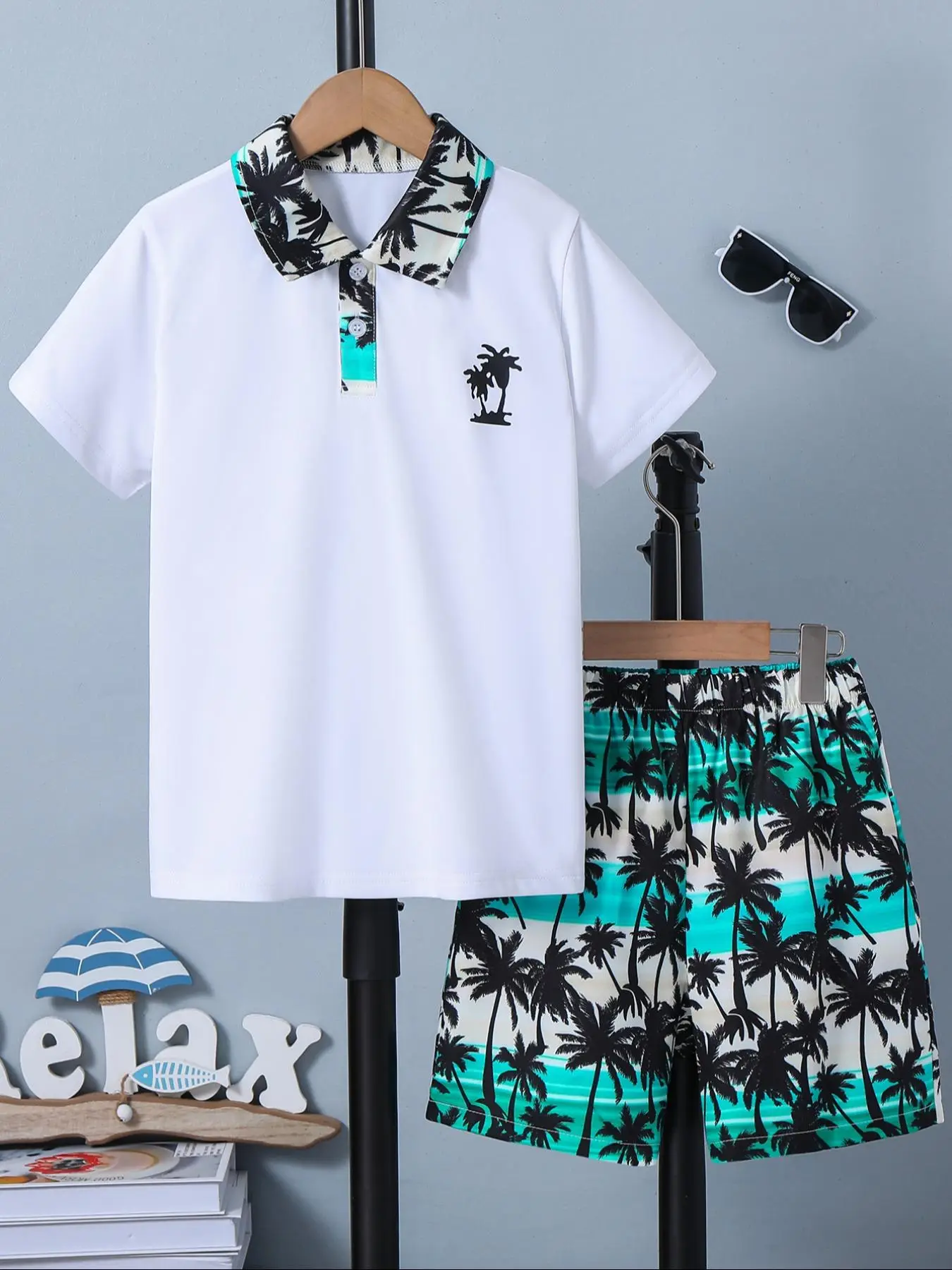 Boy's 2pcs Short Sleeve Polo Shirt & Coconut Tree Print Elastic Waist Shorts Set, Cute Casual Button Front Top & Beach Shorts for Summer, Kids Clothe