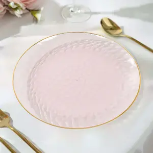 10-Pack Plastic 9" Round Dinner Plates in Transparent Blush Hammered Design with Gold Rim - Modern Disposable Party Plates