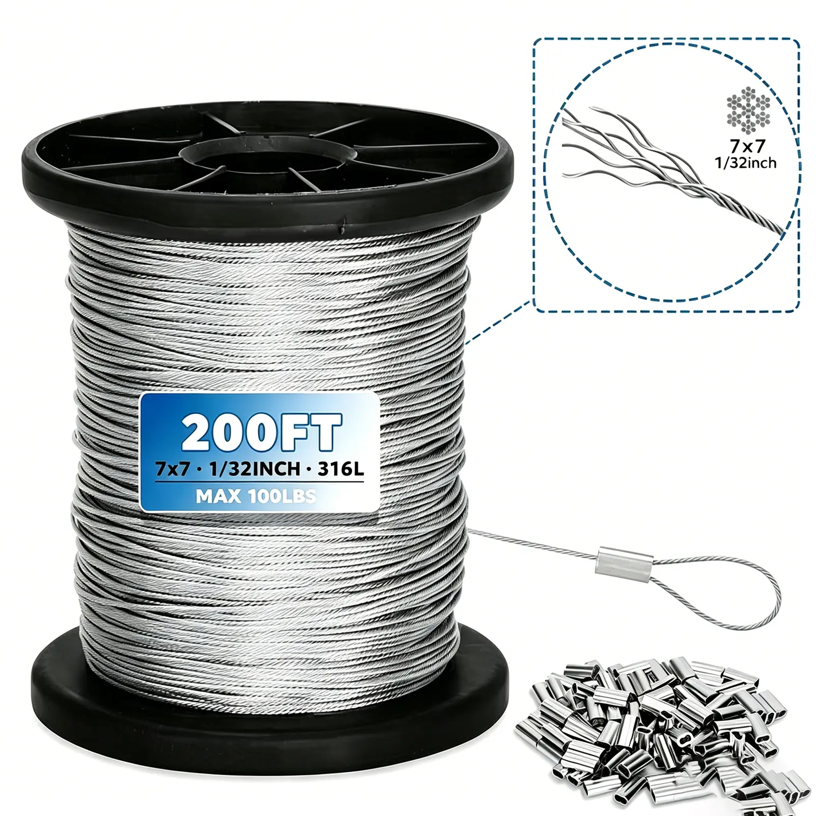 200Ft Wire Rope Crimping Tool Kit - 316 1/32" Stainless Steel Wire Rope Cable with Aluminum Crimping Sleeves, Stainless Steel Thimbles for Railing, Mirrors, Outside Bird Feeder, Clocks, Office Use