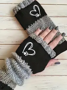 Women's Knitted Fingerless Gloves with Cute Heart Embroidery, Comfortable Fashion Winter Warmers, Casual Holiday Style, Touchscreen Gloves