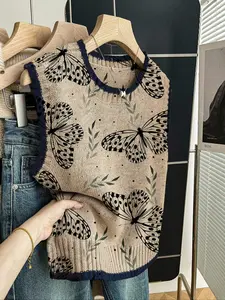 Women's Fitted Knit Top, Sleeveless, Butterfly Print Design, Deep Blue Color Block, Elegant Style for Spring Summer Fall