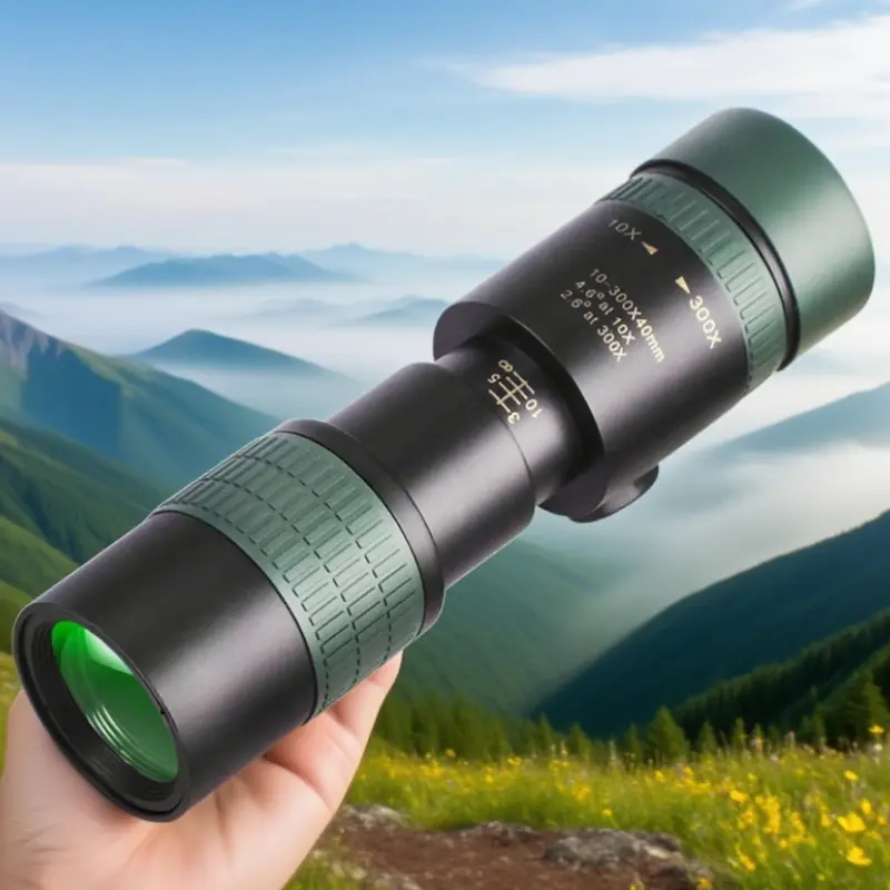 ​​10-300x40 HD Zoom Monocular - Vintage Rubber-Armored Green Optics, Manual Focus for Hiking, Wildlife Tracking, Sports, Hunting & Fishing. Compact & Tough, Full-Terrain Explorer with Classic Handheld Spotter Design.​​