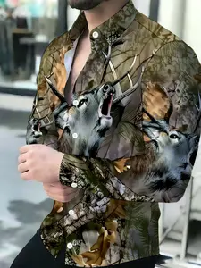 Men's Breathable Lapel Long-Sleeve Camouflage Roaring Deer Print Casual Button Front Shirt