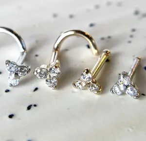 14kt Solid Gold Trinity Nose Ring w/ CZ Gems 18g 20g gauge Stud Bone Screw