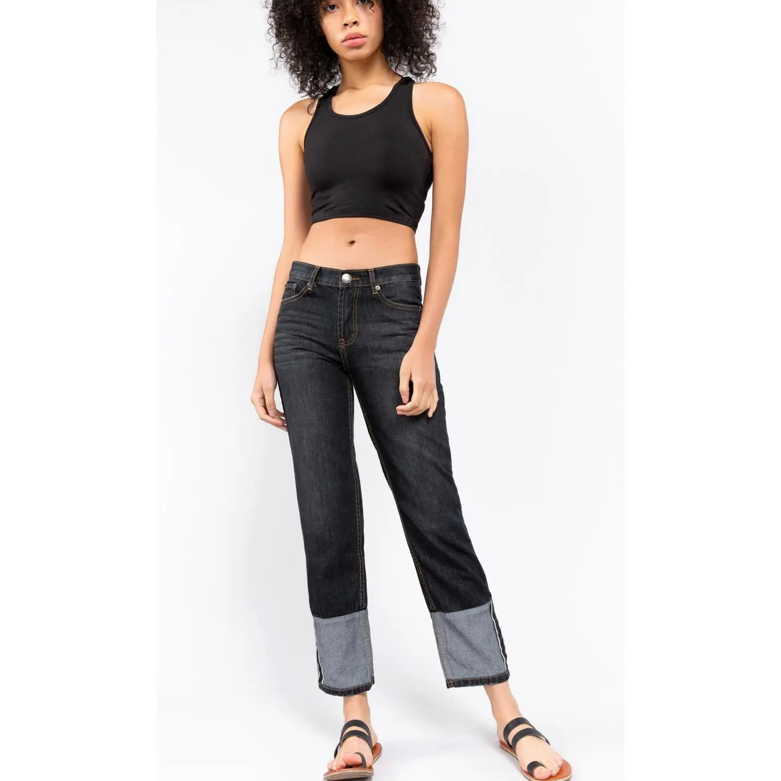 Women's Black Cotton Vintage Cuffed Boyfriend Denim Bottoms, Streetwear Basic Clothes with Durable Fabric, Boyfriend Fit, Denim Jeans, Casual, Flattering To The Figure, Machine Washable, Washed, Wide Cuffed Boyfriend Jeans