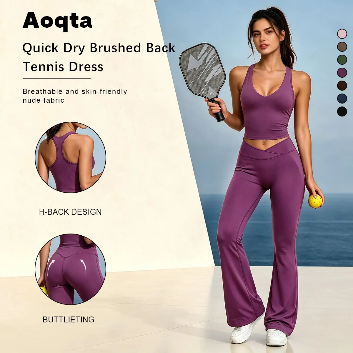 Aoqta women’s quick-dry fleece-backed yoga set featuring a cropped H-style tank top with crisscross design, paired with high-waisted flared pants; breathable, skin-friendly activewear suitable for yoga, Pilates, volleyball, and everyday workouts.
