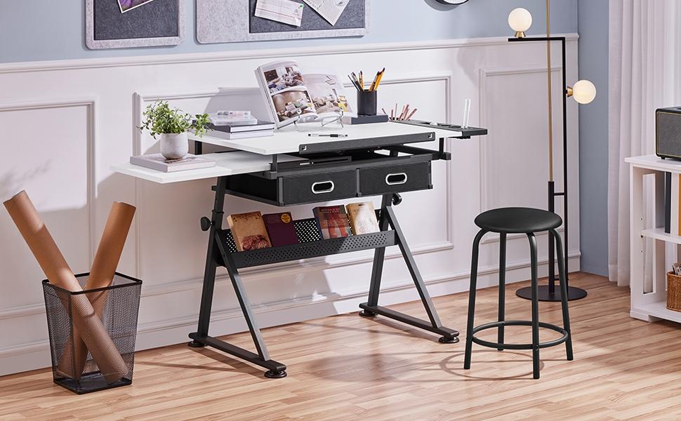 Yaheetech Drafting Table & Stool Set Height Adjustable Drawing Table Art Craft Desk with 2 Storage Drawers and Stool for Home Office