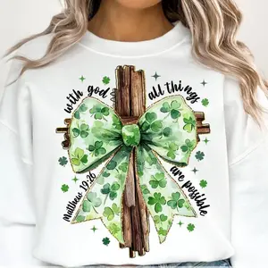 St. Patrick's Day Cross Bow Sweatshirt T-Shirt, Christian Cross Coquette Shamrock Bow Shirt, St. Patrick's Day Christian Tee, Lucky Charms, Irish St. Patrick's Day Gift