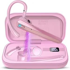 Bluetooth Headset V5.3 Wireless Headset with ENC Noise Canceling Mic 120Hrs Talk Single-Ear Bluetooth Earpiece LED Display IP7 Waterproof Hand-Free Earphone for Business Trucker Driver Pink