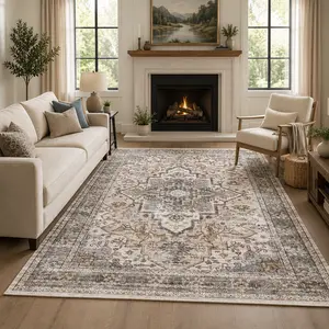 YIHOUSE Washable Neutral Area Rug, Large Vintage Living Room Rug, Non-Slip, Stain-Resistant & Soft, Ideal for Living Room, Bedroom, Dining Room, Nursery. Boho Runner Rug