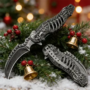 3D hollowed-out skull folding knife, metal material, men's outdoor camping and hiking knife, Christmas gift.