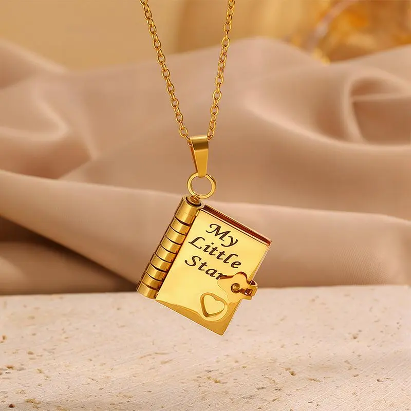 My Little Star Book Pendant Necklace for Daughter Titanium Stainless Steel Openable Engraved Pages Heart Locket Chain Dainty Fashion Jewelry Mother's Day Birthday Graduation Back to School Daughters Day Keepsake Adjustable Waterproof Best Selling Gift