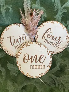 Baby Milestones Boho Theme Wood Signage Set for First Year - Personalized Laser Engraved Birch Wood Plaque for Every Month - One Two Four Months Decor Wooden Gift