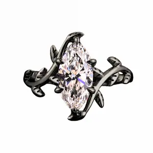 Gothic Black Gold Engagement Ring 2.0 ct Marquise Diamond in Branch-Leaf Setting Nature Inspired Twig Leaf Promise Ring Art Deco Black Jewelry Handmade LA Made to Order