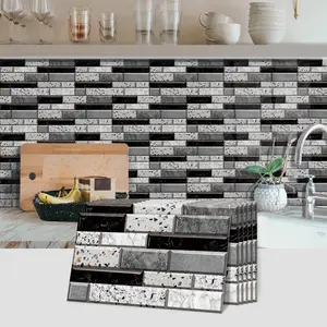 6/12/24/48 PCS Vintage FG Tile Stickers, Black & Gray Terrazzo Splice, PVC Crystal Film, Peel & Stick Backsplash, Waterproof Oil-Proof DIY Self-Adhesive Wall Decor