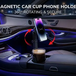 Magnetic phone mount with retractable long arm for cup holders, fits standard car cup holders in all vehicles