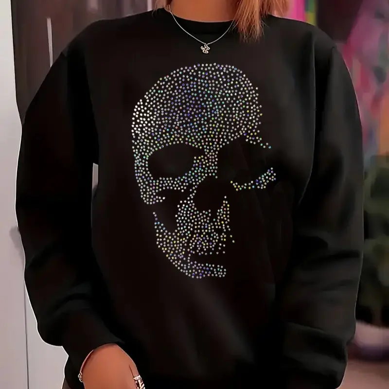 Plus Size Colorful Skull Beaded Long Sleeve Sweatshirt - Versatile Trend Top for Women, Casual Party and Halloween Wear, Comfortable Pullover