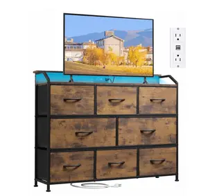 8-Drawer Fabric Dresser with Power Outlets & LED Light, Multifunctional TV Stand Storage Cabinet for Bedroom, Living Room, Office & Hallway, Rust