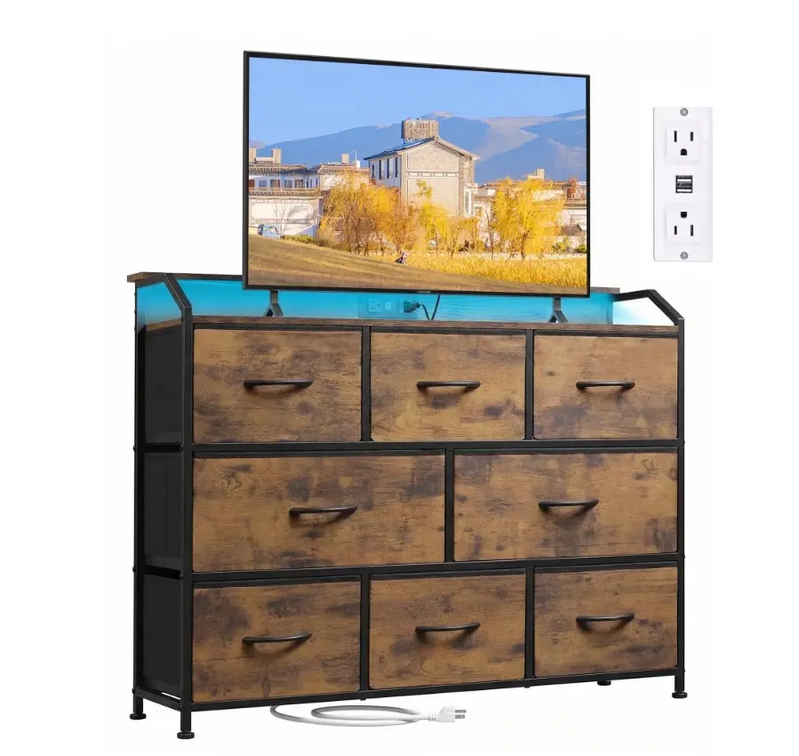 8-Drawer Fabric Dresser with Power Outlets & LED Light, Multifunctional TV Stand Storage Cabinet for Bedroom, Living Room, Office & Hallway, Rust