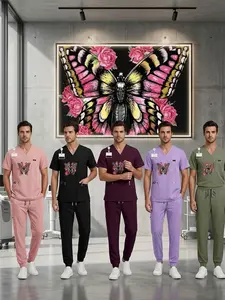 Lavender Medical Scrub Suit Set with Butterfly Art Print for Women, Unisex Design for Men, Perfect for Vet Clinic Professionals.