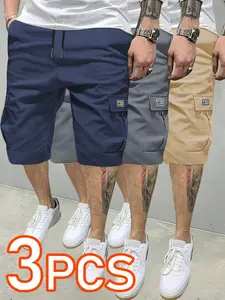 3-Pack Summer Men's Athletic Activewear Short Pants, Casual Outdoor Workwear, Durable Plain Color, Multiple Pockets, Ideal Gift, New Arrival
